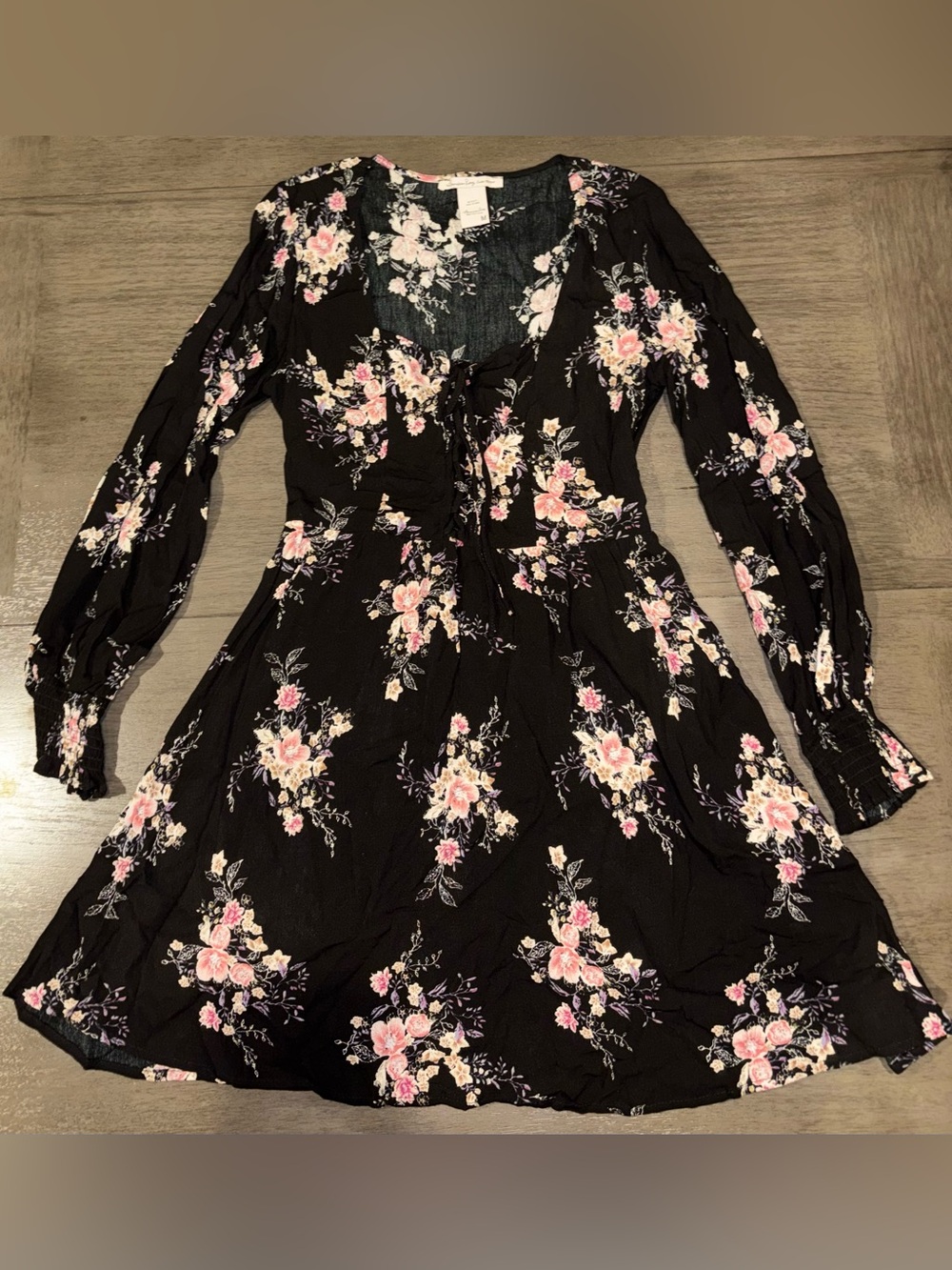 American Rag Black Long Sleeve Floral Tie-Front Dress